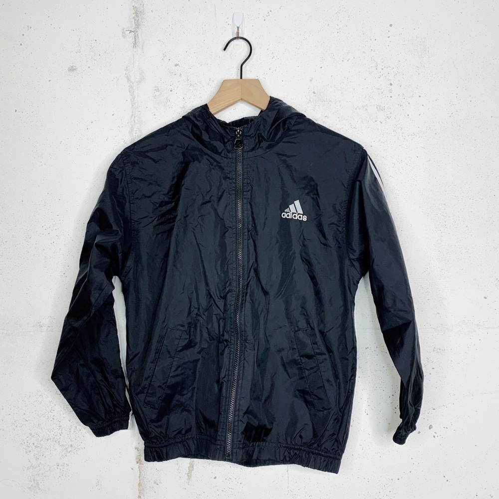 Adidas Vintage Black Tre Foil Spellout Logo Hooded Windbreaker Jacket Size M Boy